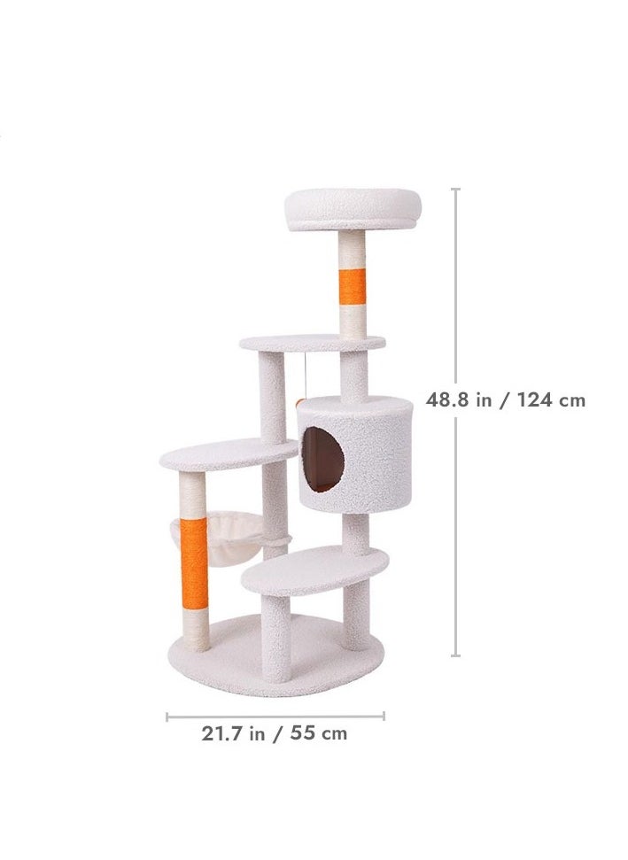 Cat tree, Cat tower, Cat scratching post, White Cream Style Cat Tree Plus - Orange Color Size- 65cm X 38cm X 124cm