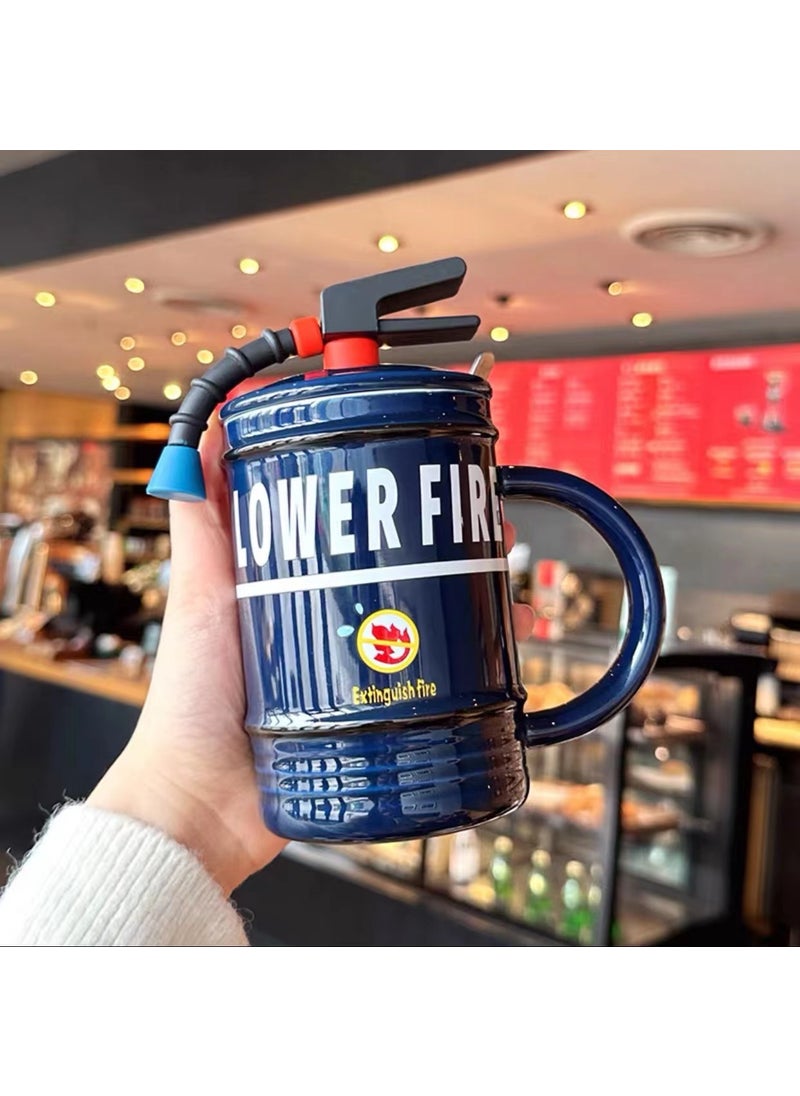 Creative Fire Extinguisher Ceramic Mug with Lid and Spoon Blue