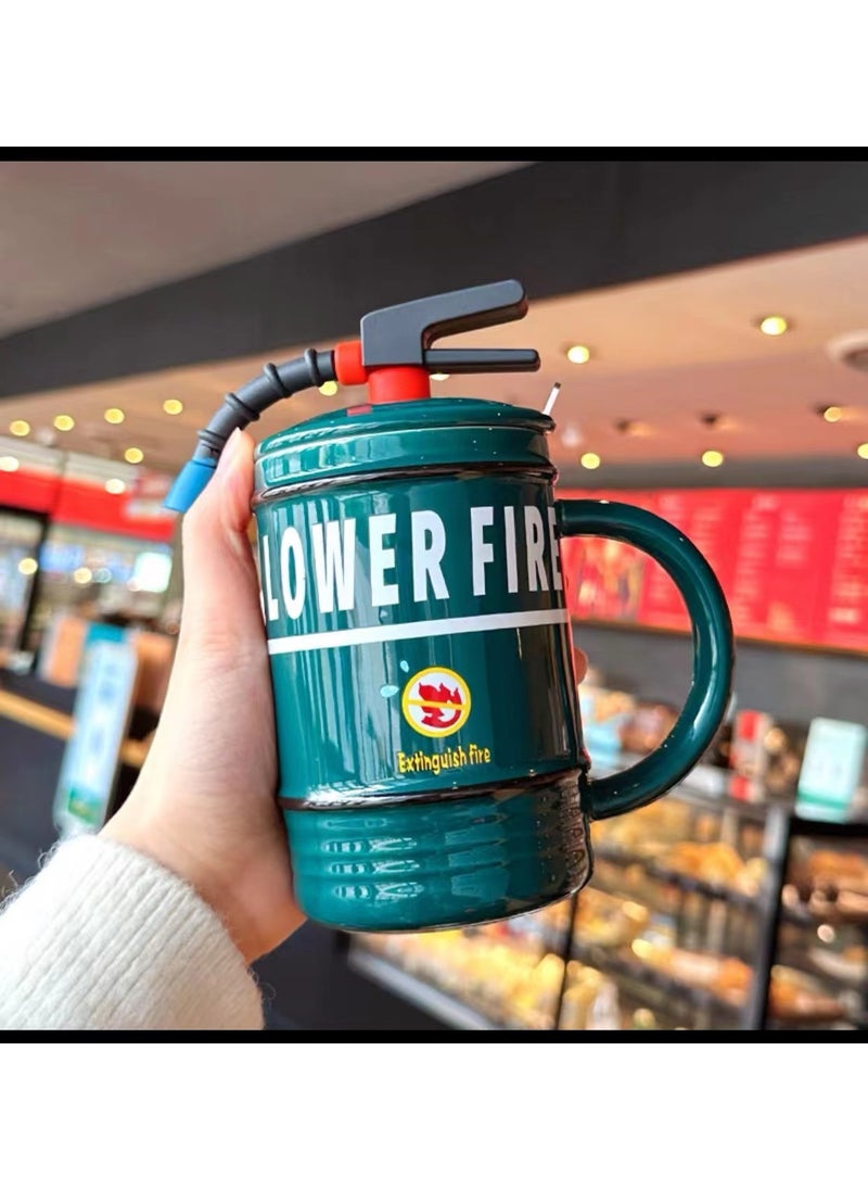 Creative Fire Extinguisher Ceramic Mug with Lid and Spoon Green