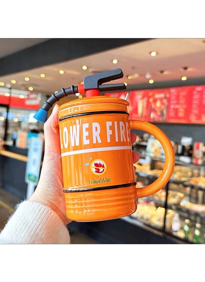 Creative Fire Extinguisher Ceramic Mug with Lid and Spoon Orange