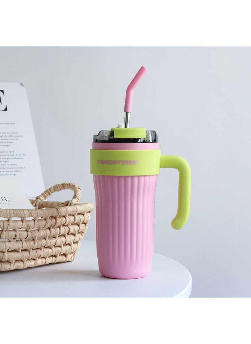 New Large Insulated Cup High Aesthetic Straw Handle Stainless Steel Pink: 860ML