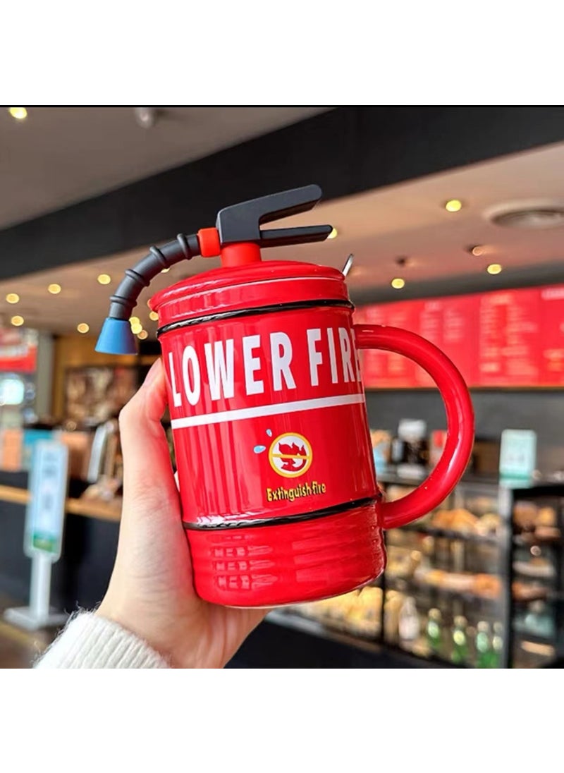 Creative Fire Extinguisher Ceramic Mug with Lid and Spoon Red