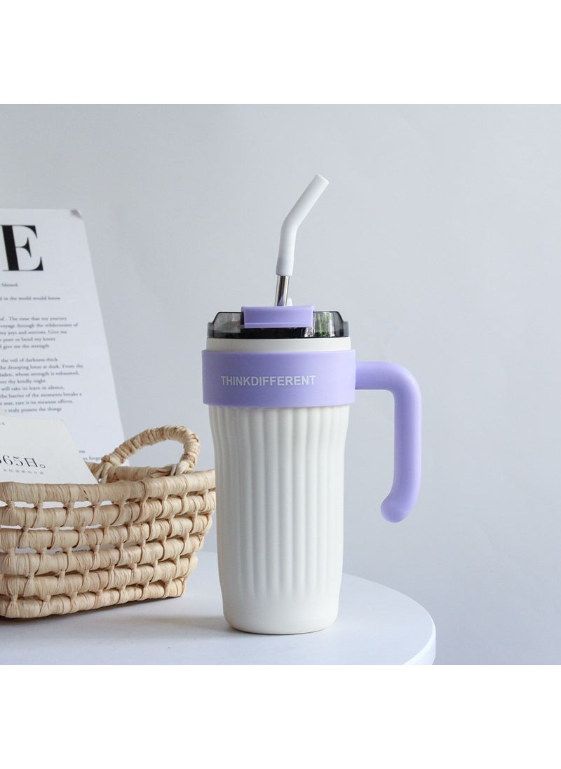 New Large Insulated Cup High Aesthetic Straw Handle Stainless Steel White: 860ML