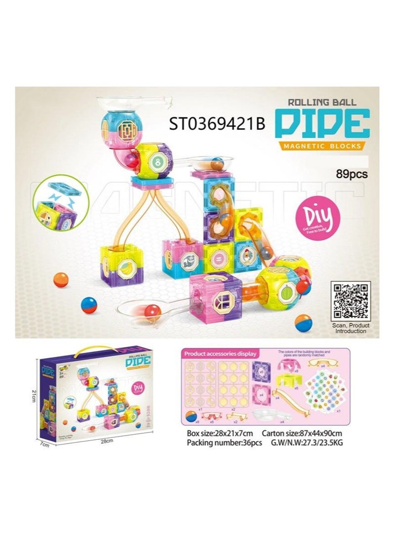 Magnetic Blocks Rolling Ball Playset  89-Piece Creative STEM Building Kit for Kids with Colorful Pipes, Balls, and Modular Cubes