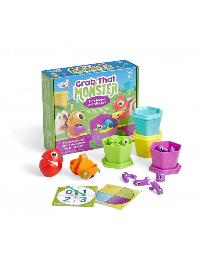 hand2mind Grab That Monster Fine Motor Activity Set, Fine Motor Skills Games for Toddlers, Occupational Therapy Toys, Preschool Learning Activities, Prewriting Toys, Color Sorting, Pincer Grasp Toys