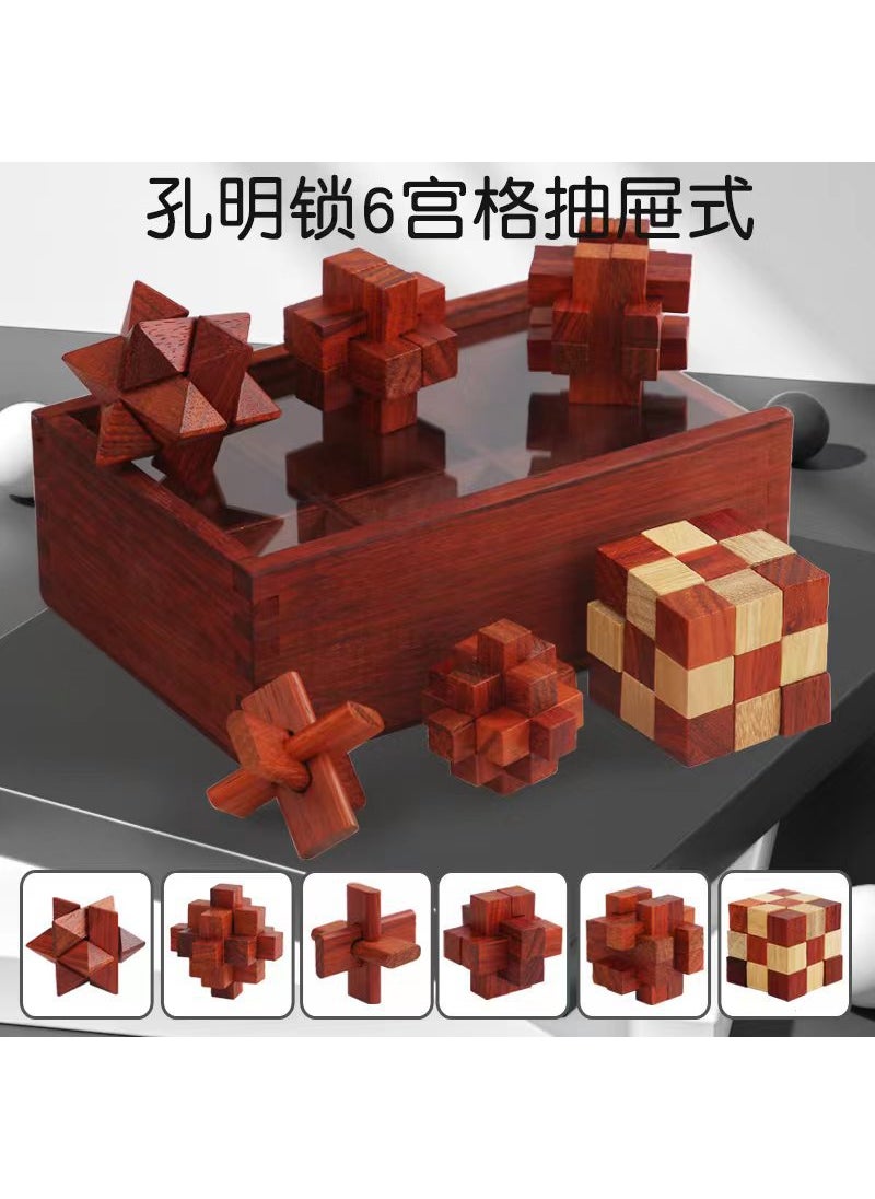 1 x 5 pcs Wooden Kongming Luban Lock Brain Teaser Puzzle Toy Rosewood drawer boxed six-piece set (4.5cm)