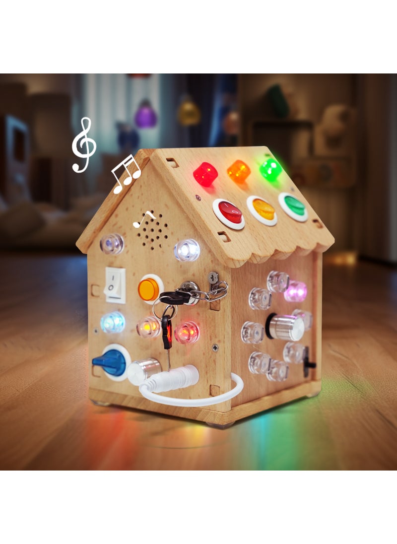 1 x 5 pcs Child Busy Board LED Wooden Montessori Educational Toy Acousto-optic busy house 0.7KG