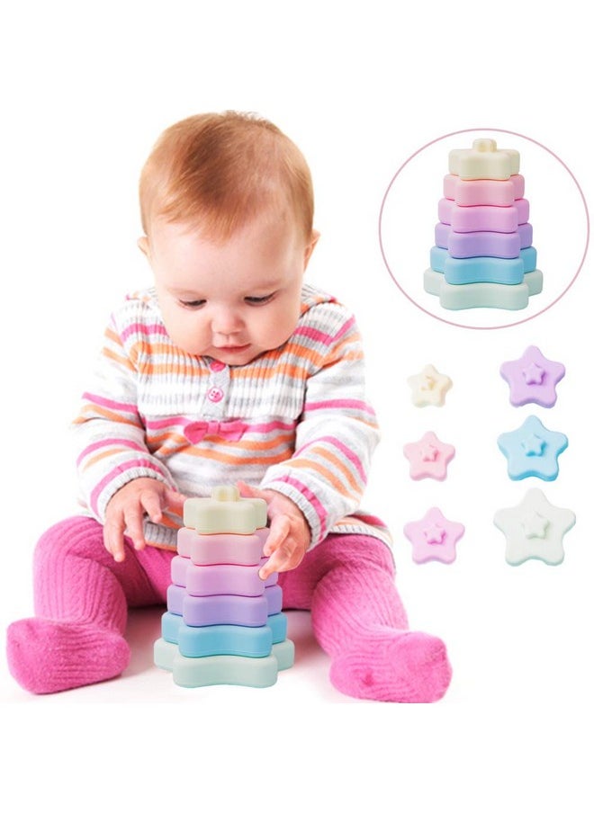 Stacking Toys, Silicone Stacking Rings Teething Toy With Star Shape, Soft Building Blocks, Montessori Early Educational Toy For 6 Month+ Boys & Girls 6Pcs