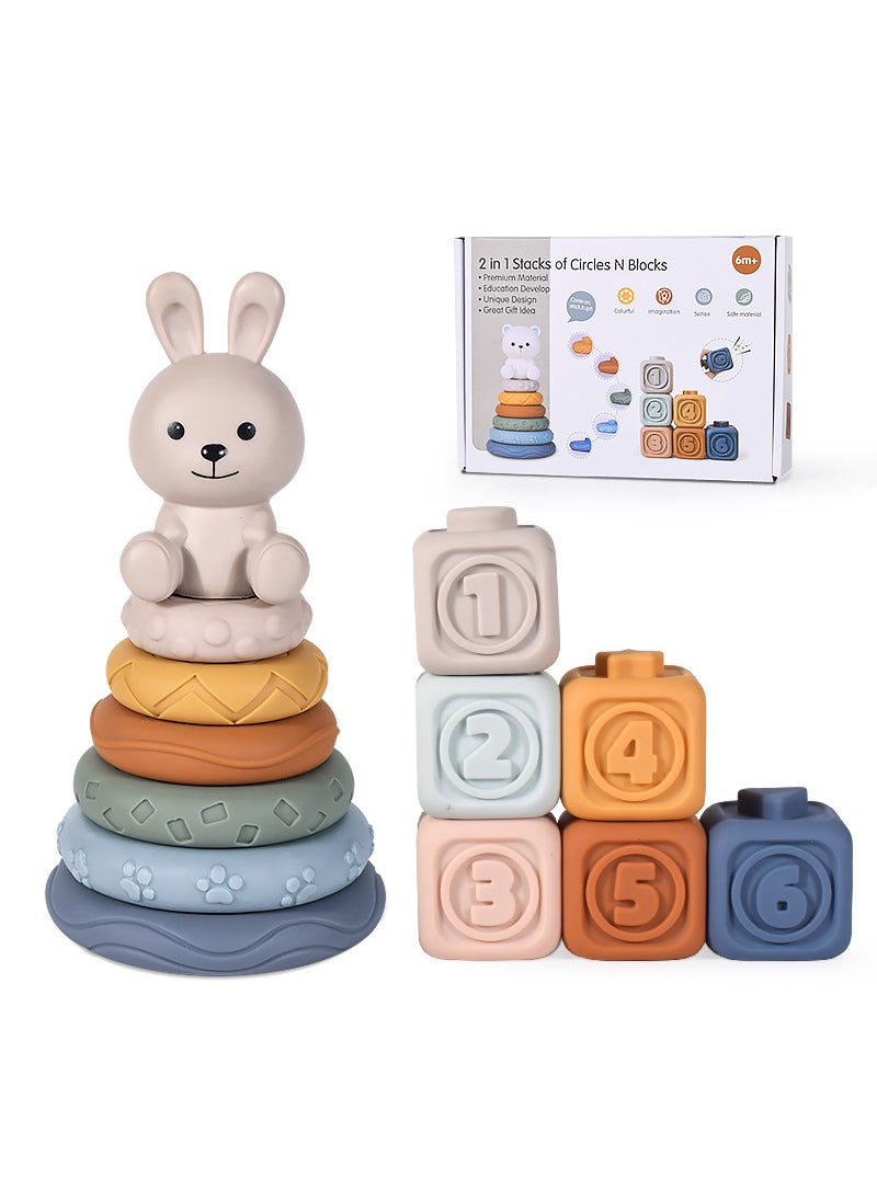 Soft Jelly Rainbow Stacker Baby Teether Toy Rabbit soft rubber ring 6 layers of soft rubber box 6pcs (color box)