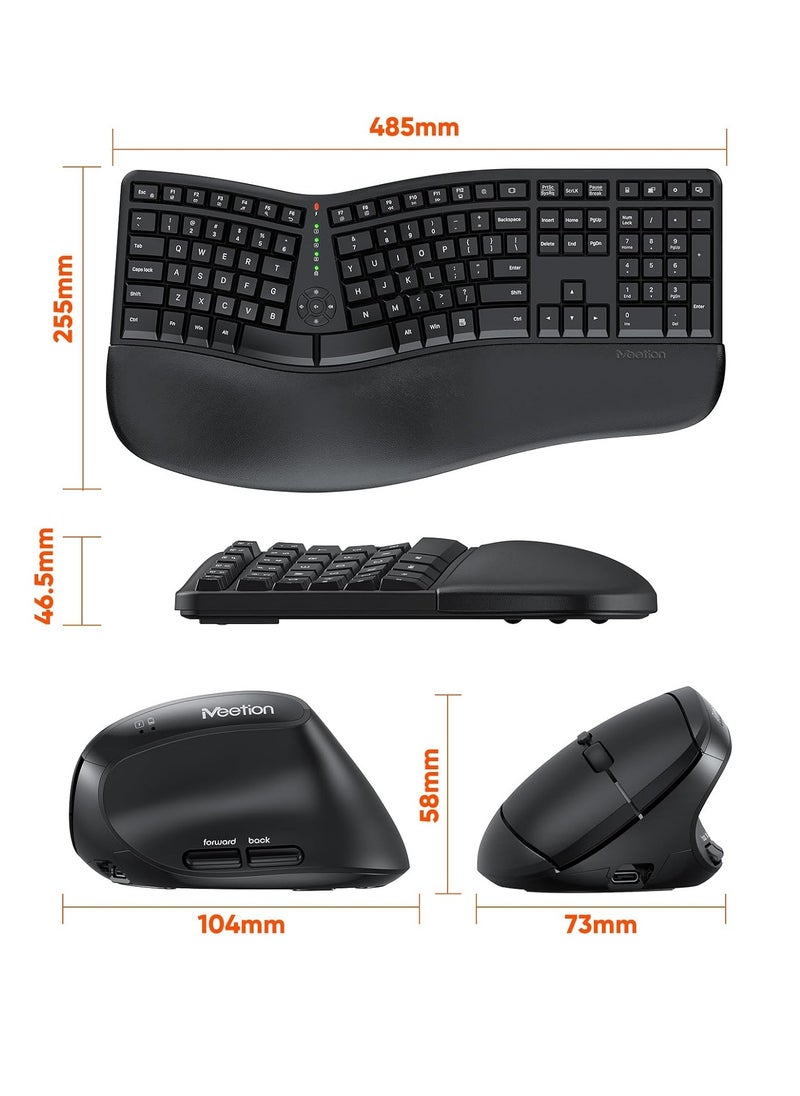 MEETION Director-C Ergonomic Wireless Keyboard and Mouse, Ergo Keyboard with Vertical Mouse, Split Arch Keyboard with Cushioned Wrist Palm Rest, Natural Typing Rechargeable Full Size, Windows/Mac/Computer/Laptop