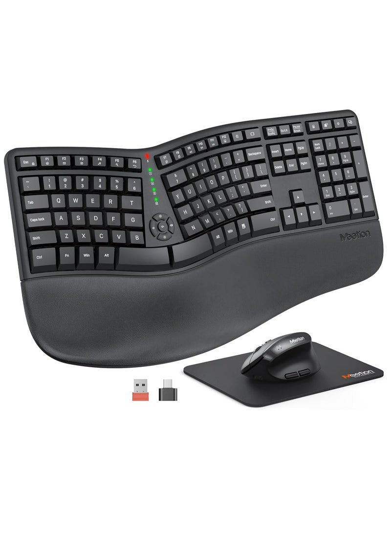 MEETION Director-C Ergonomic Wireless Keyboard and Mouse, Ergo Keyboard with Vertical Mouse, Split Arch Keyboard with Cushioned Wrist Palm Rest, Natural Typing Rechargeable Full Size, Windows/Mac/Computer/Laptop