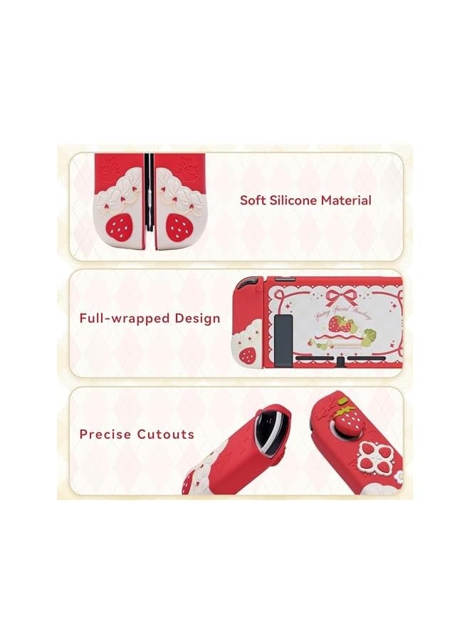 Protective Case for Switch Slim Cover Case Compatible with Nintendo Switch Separable Soft Silicone Protective Shell for Joy Con with 2 Thumb Grip Caps - Spring Special Strawberry