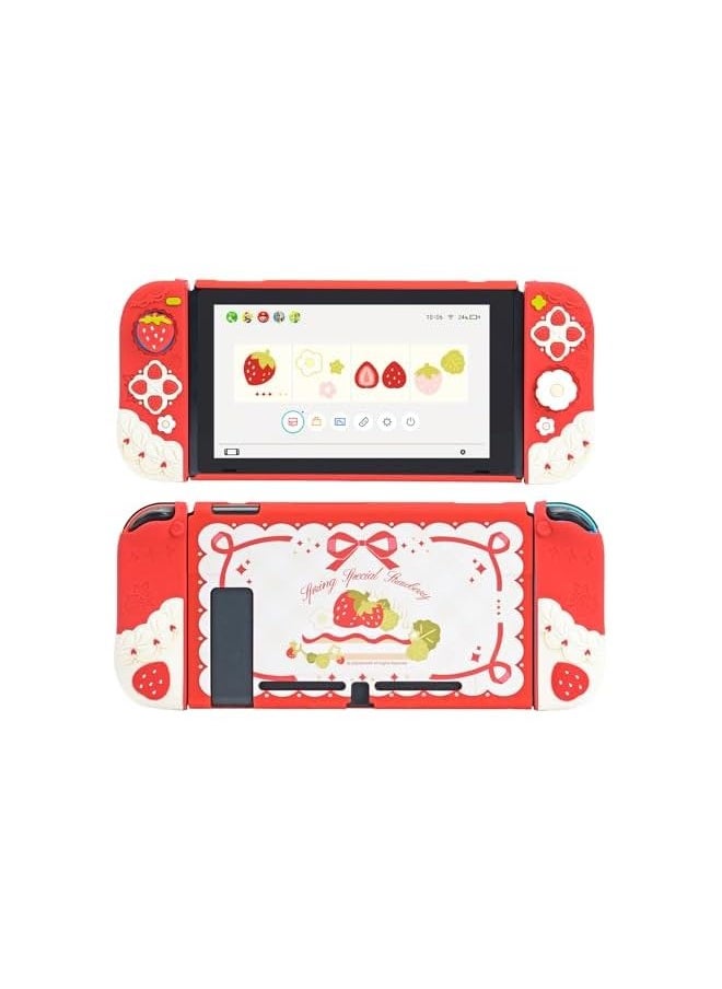 Protective Case for Switch Slim Cover Case Compatible with Nintendo Switch Separable Soft Silicone Protective Shell for Joy Con with 2 Thumb Grip Caps - Spring Special Strawberry