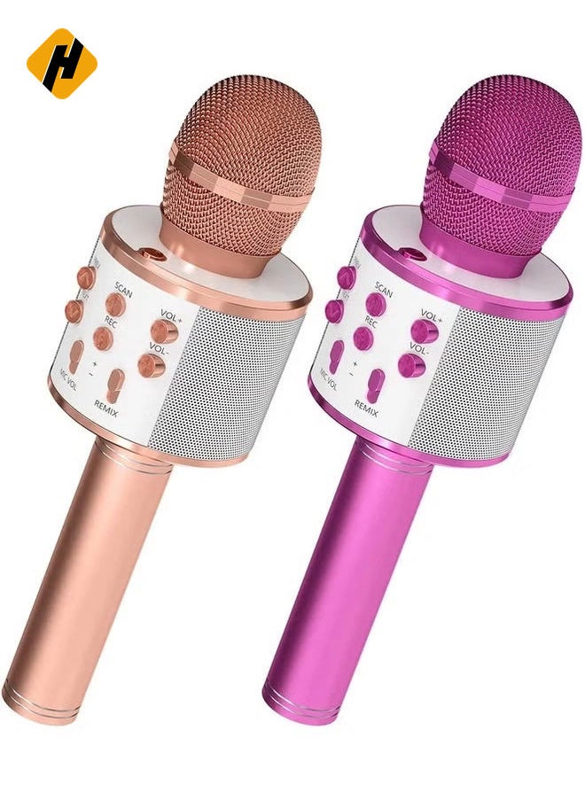 2-Pack Wireless Bluetooth Karaoke Microphones - Portable Handheld Mic Speaker for All Ages (Rose Gold & Purple)