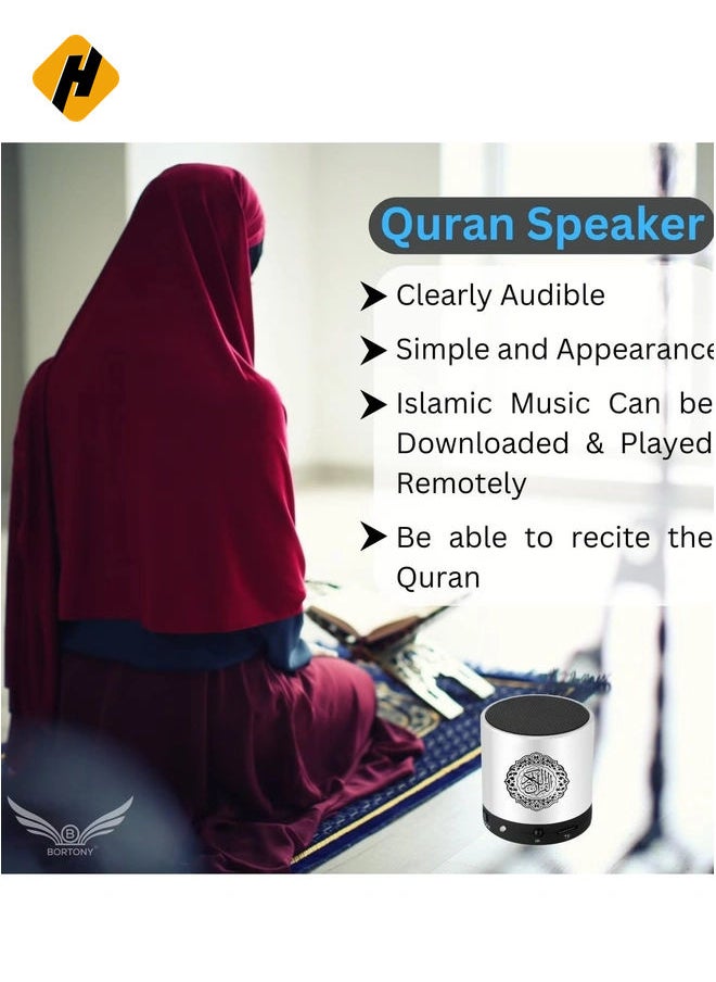 SQ200 Portable Bluetooth Quran Speaker – 8GB MP3 Player with Remote, FM Radio, and Quran Translation (Silver)