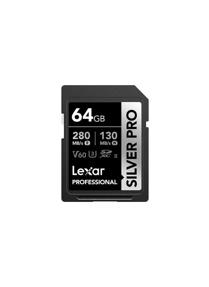 LEXAR PROFESSIONAL 64GB SILVER PRO SDXC UHS-II CARD, UP TO 280MB/S READ, 120MB/S WRITE, C10 U3 V60