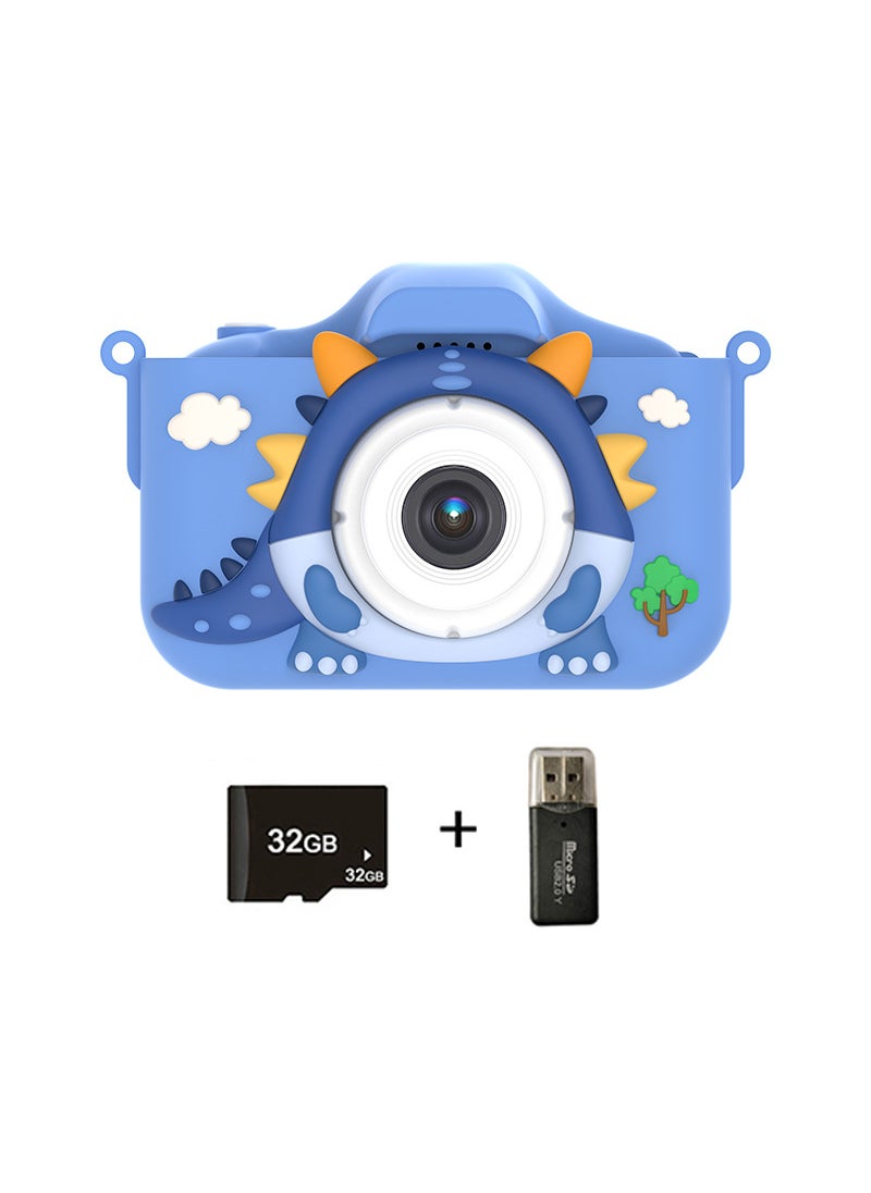 Cute 96MP Kids Digital Camera Mini Photography X12S blue cartoon dragon 32G (send card reader)