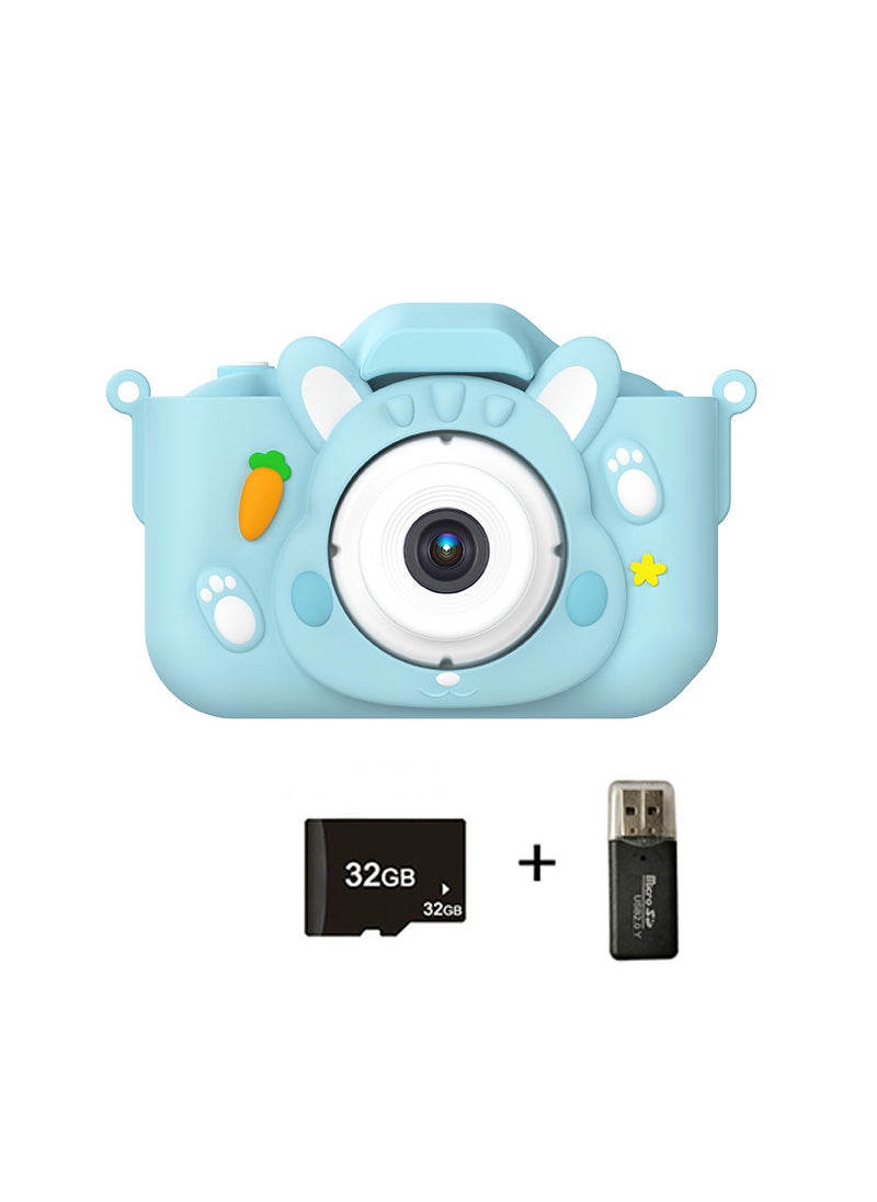 Cute 96MP Kids Digital Camera Mini Photography X11S Blue Doodle Rabbit 32G (Send Card Reader)