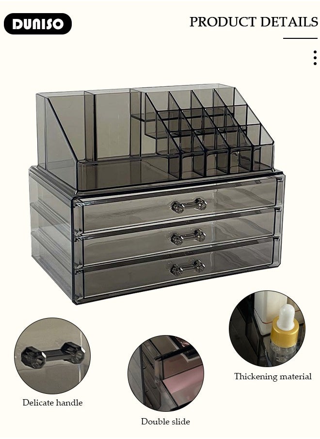 Acrylic Makeup Organizer Box with Tissue Box, Large Capacity Cosmetic Display Case with  with Lipstick and Brush Holder,  Jewelry Organizer with 3 Drawers , Clear Stackable Desk Storage Box for Dresser and Washroom