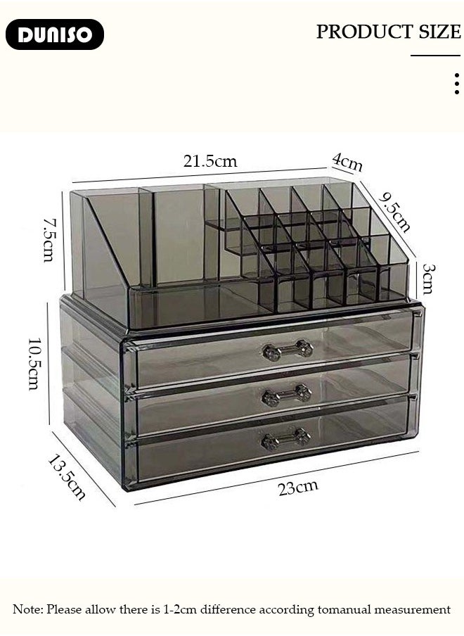 Acrylic Makeup Organizer Box with Tissue Box, Large Capacity Cosmetic Display Case with  with Lipstick and Brush Holder,  Jewelry Organizer with 3 Drawers , Clear Stackable Desk Storage Box for Dresser and Washroom