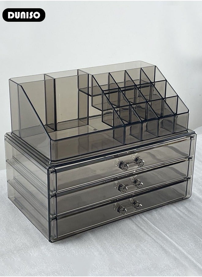 Acrylic Makeup Organizer Box with Tissue Box, Large Capacity Cosmetic Display Case with  with Lipstick and Brush Holder,  Jewelry Organizer with 3 Drawers , Clear Stackable Desk Storage Box for Dresser and Washroom