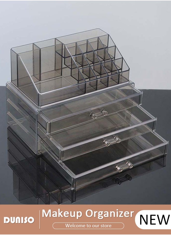 Acrylic Makeup Organizer Box with Tissue Box, Large Capacity Cosmetic Display Case with  with Lipstick and Brush Holder,  Jewelry Organizer with 3 Drawers , Clear Stackable Desk Storage Box for Dresser and Washroom