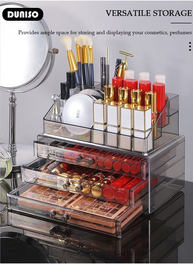 Acrylic Makeup Organizer Box with Tissue Box, Large Capacity Cosmetic Display Case with  with Lipstick and Brush Holder,  Jewelry Organizer with 3 Drawers , Clear Stackable Desk Storage Box for Dresser and Washroom