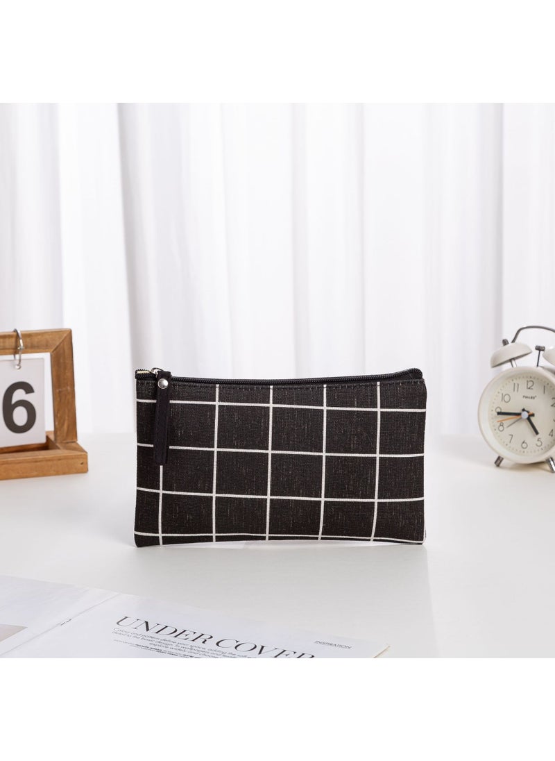 Cartoon Print Cotton Makeup Bag Multi-use Zipper Pouch Black plaid (remove cloth label)