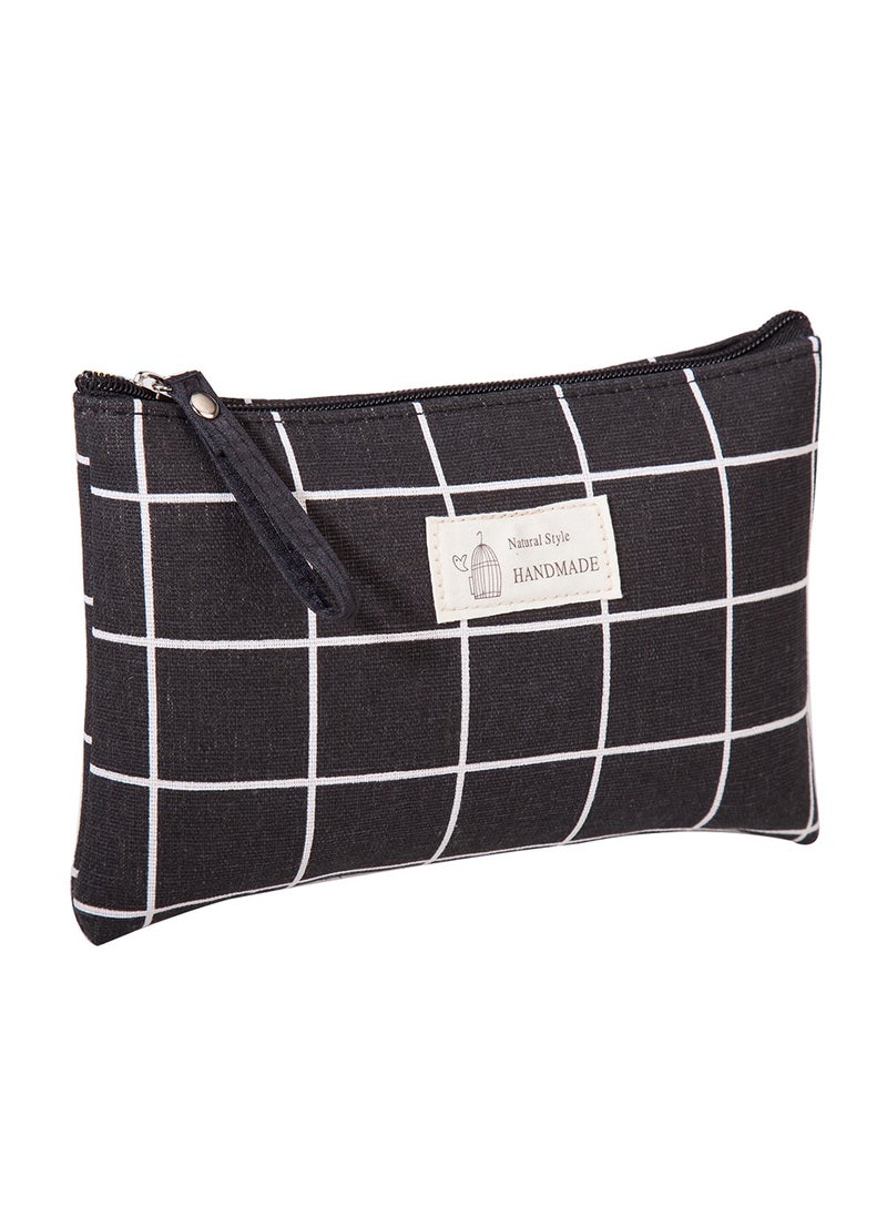 Cartoon Print Cotton Makeup Bag Multi-use Zipper Pouch Black Plaid