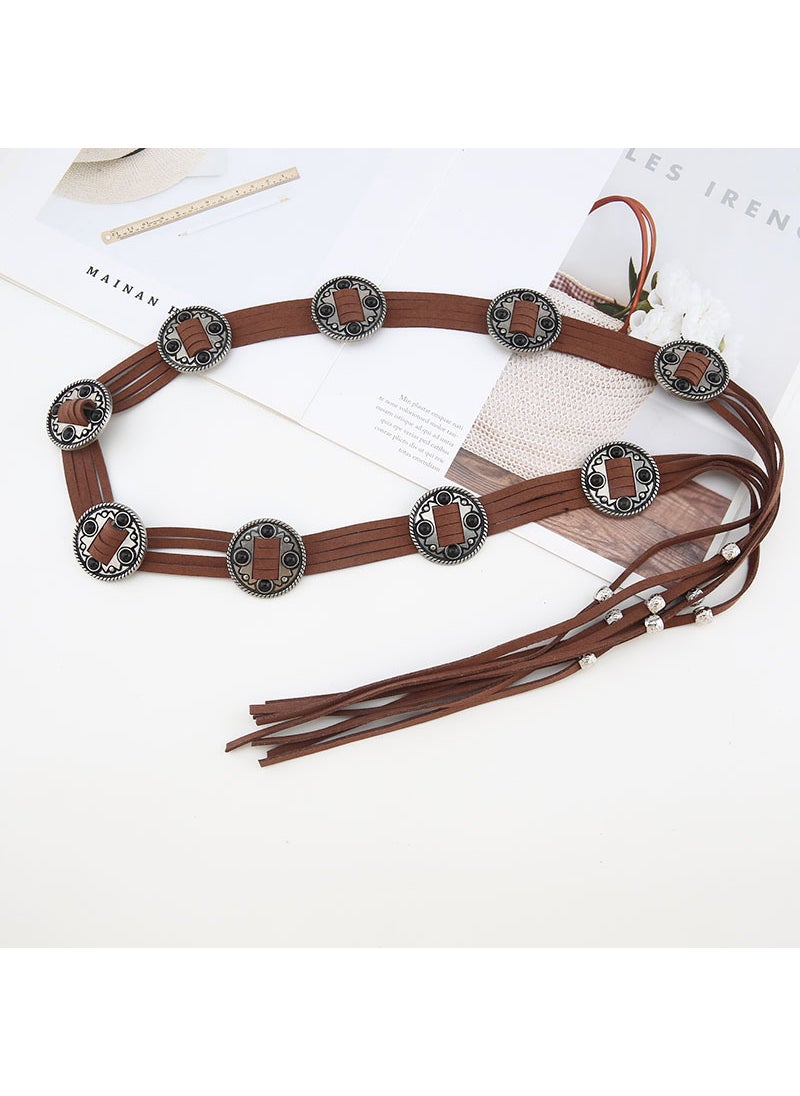 1 x 5 pcs 2023 Bohemian Retro Belt Ethnic Inlay Ethnic wind ultra-fiber leather string round card (Brown)