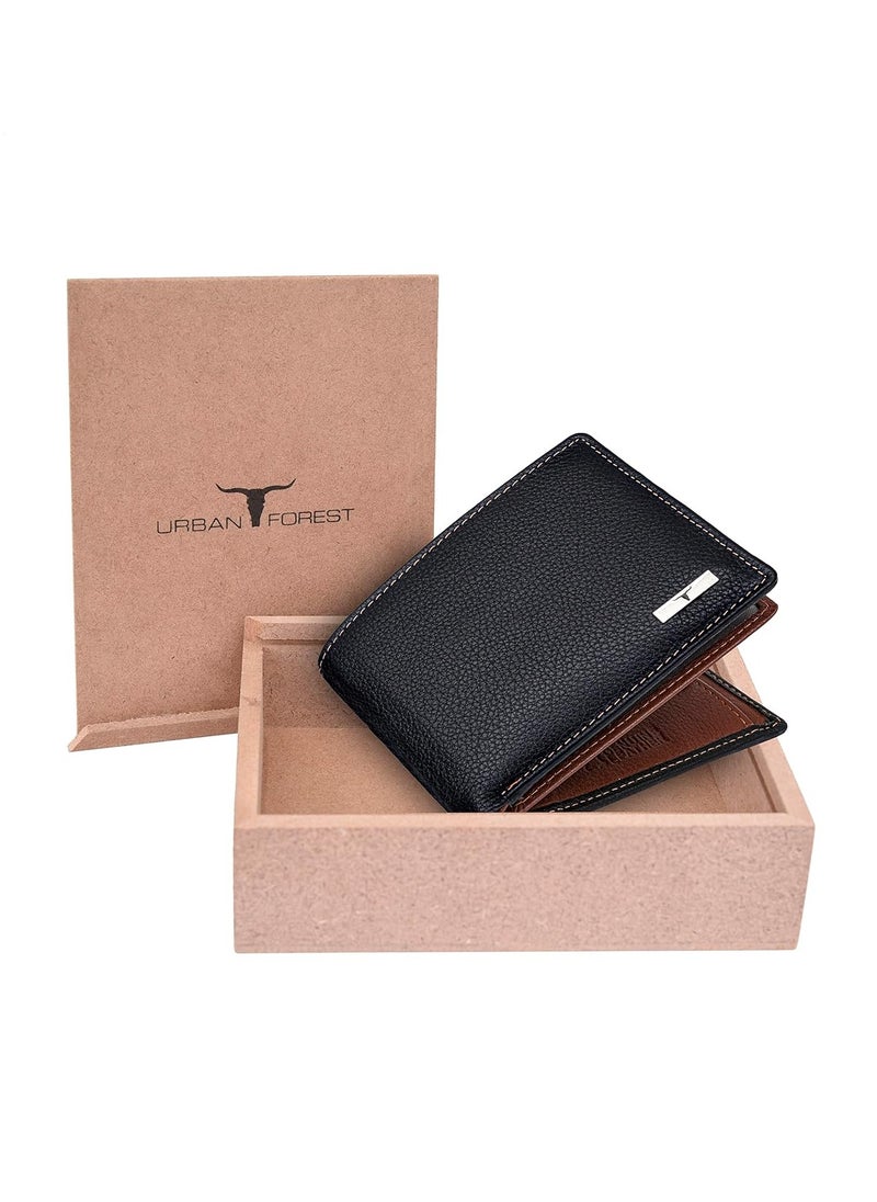 URBAN FOREST Men's Kyle Black/Redwood Leather Wallet - Packed in Premium Wooden Box