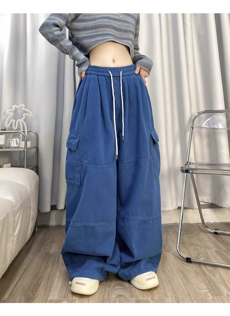 Autumn and Winter New Elastic Waist Drawstring Overalls Slimming High Waist Casual Pants Retro Long Pants Loose Jeans Blue