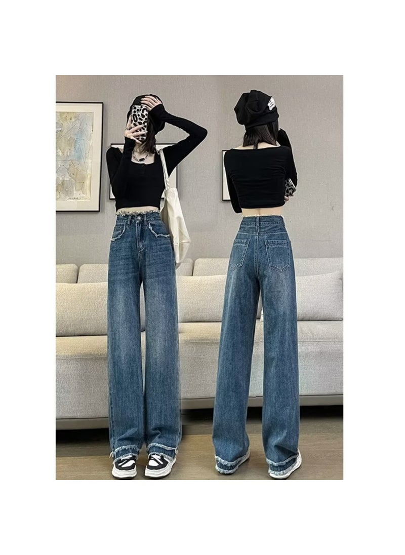 Vintage Fringe Wide-Leg High-Waist Jeans vintage blue