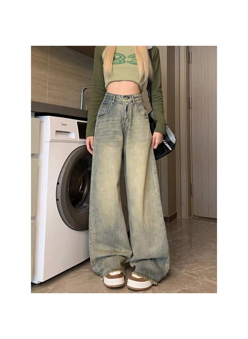 Vintage High-Waist Loose Jeans for Women Yellow mud color [high quality]