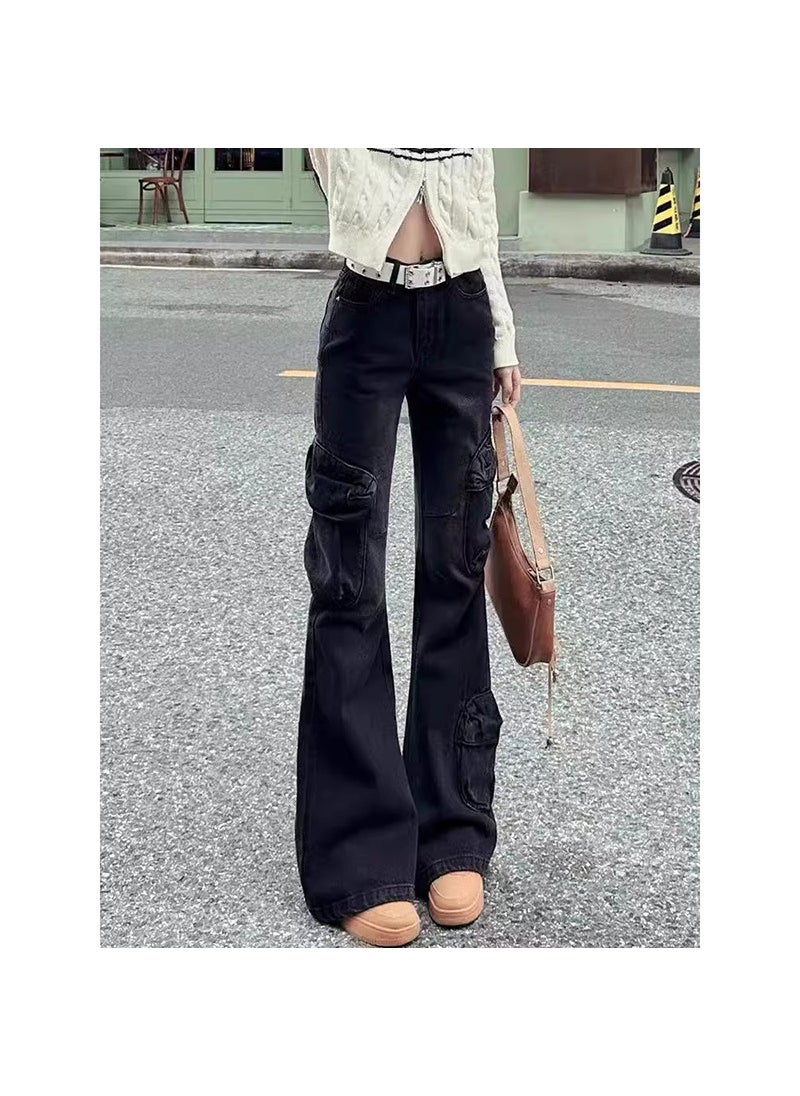 High Waist Vintage Flare Jeans with Pockets for Women black gray