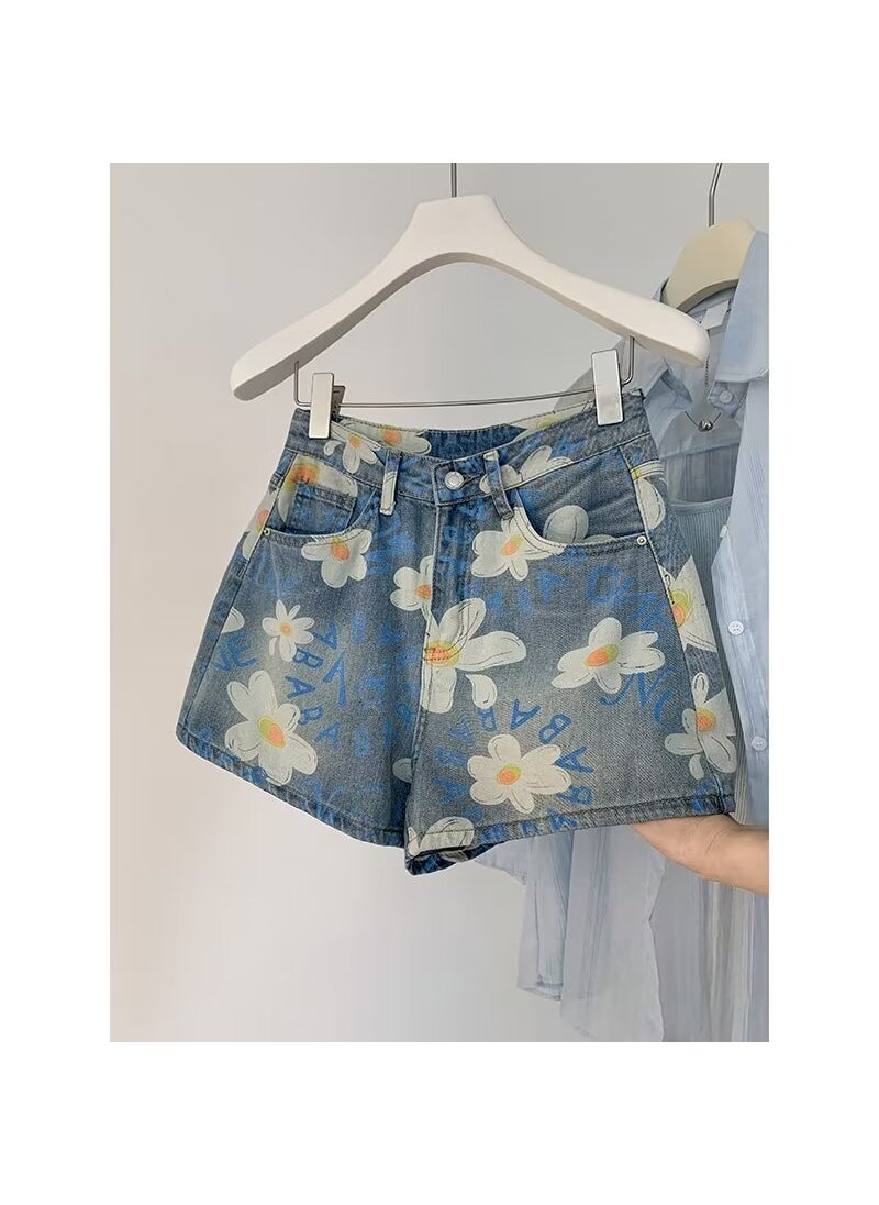 1 x 5 pcs Summer Daisy Print Denim Shorts High Waist Slim Fit blue