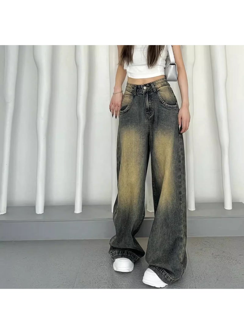 2024 Summer Vintage Gradient Distressed High-Waist Wide-Leg Jeans for Women rock gray