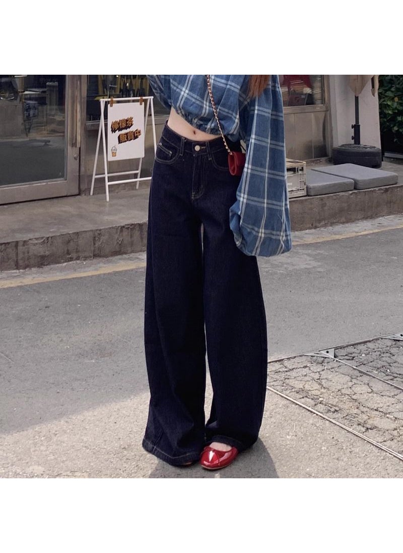 High-Waist Retro Wide-Leg Denim Jeans dark blue