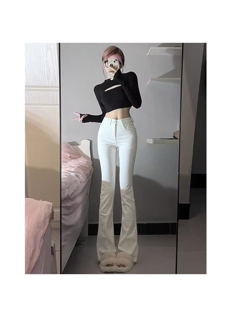 2024 Autumn High Waist Bell Bottom Jeans for Women white