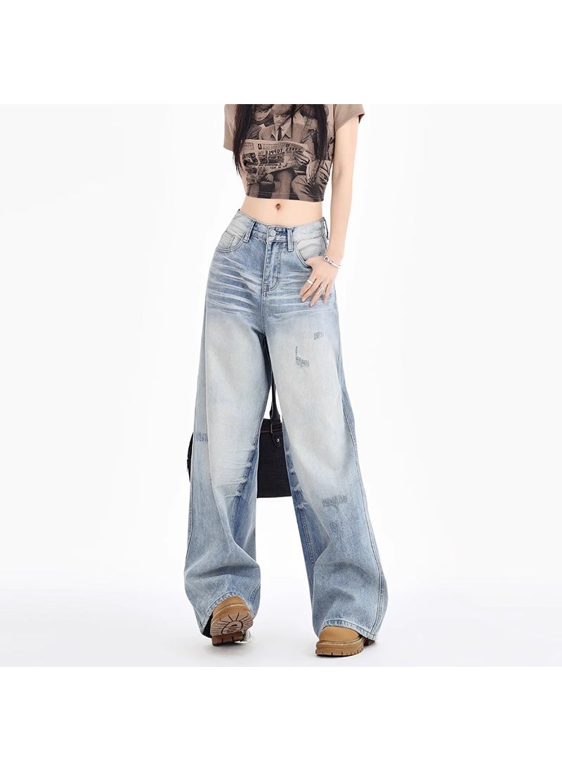 Light Blue High-Waist Vintage Jeans Women Summer 2024 blue