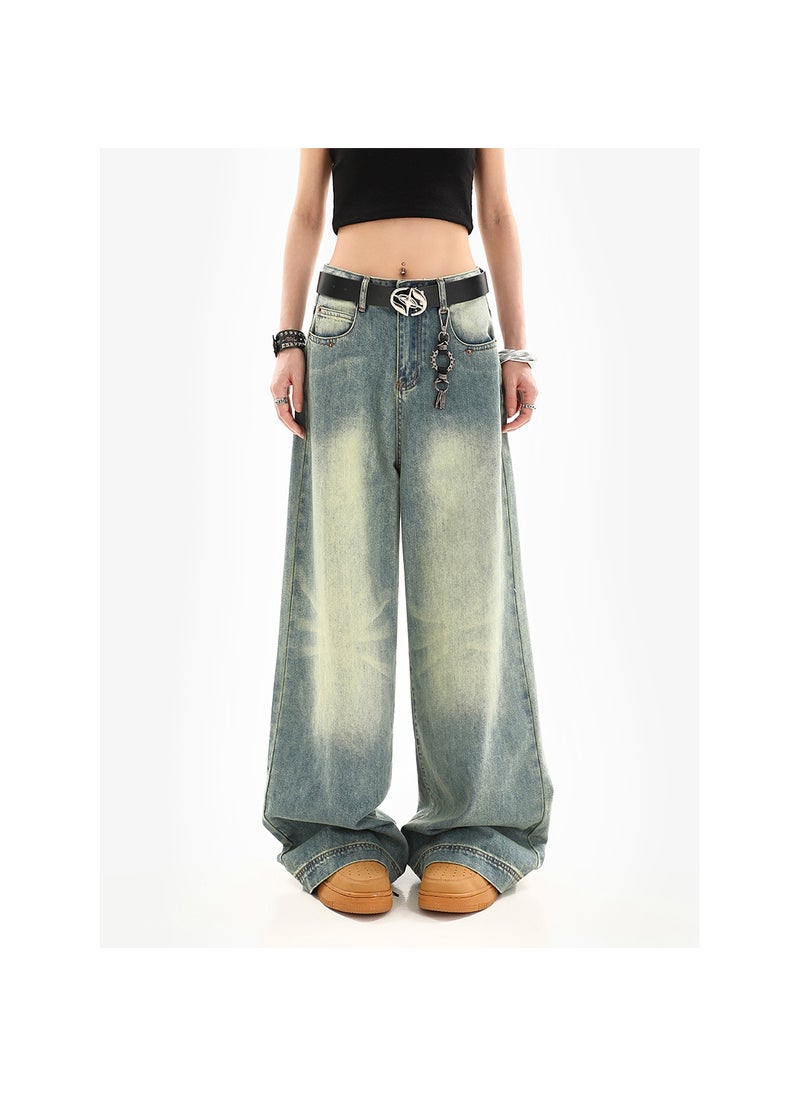 2024 Retro Blue American Jeans for Women Autumn Fashion High-Waist Wide-Leg Pants blue