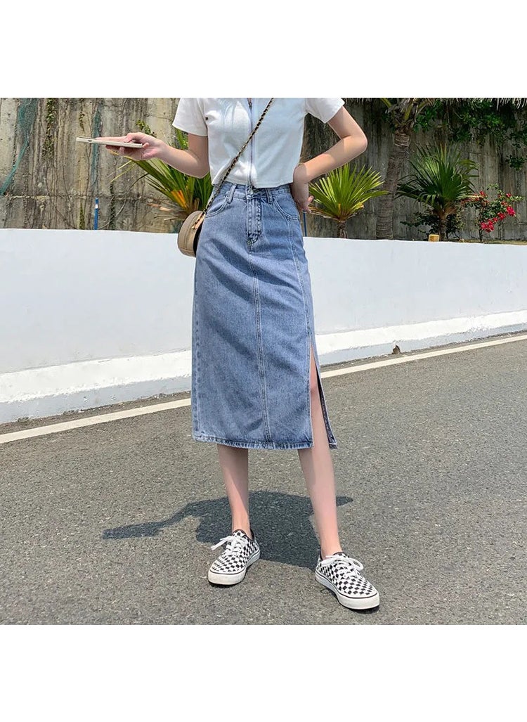 Summer Split Denim Skirt High Waist Slimming for Women Light Blue