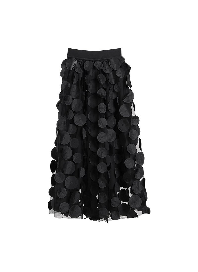 European Mid-Length A-Line Skirt Spring Autumn Swing Pleated Tulle Polka Dots Black