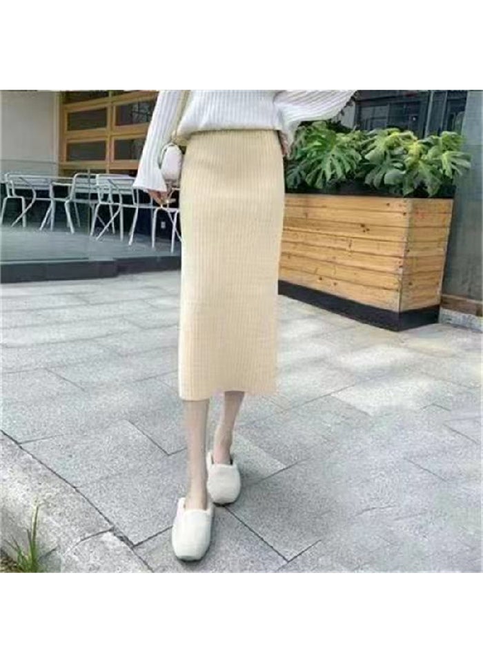 1 x 5 pcs Autumn Winter Midi Knit Pencil Skirt Apricot