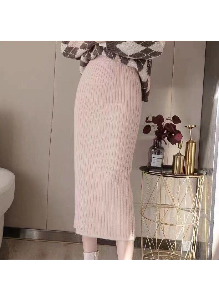 1 x 5 pcs Autumn Winter Midi Knit Pencil Skirt Pink