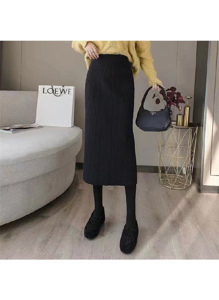 1 x 5 pcs Autumn Winter Midi Knit Pencil Skirt Black