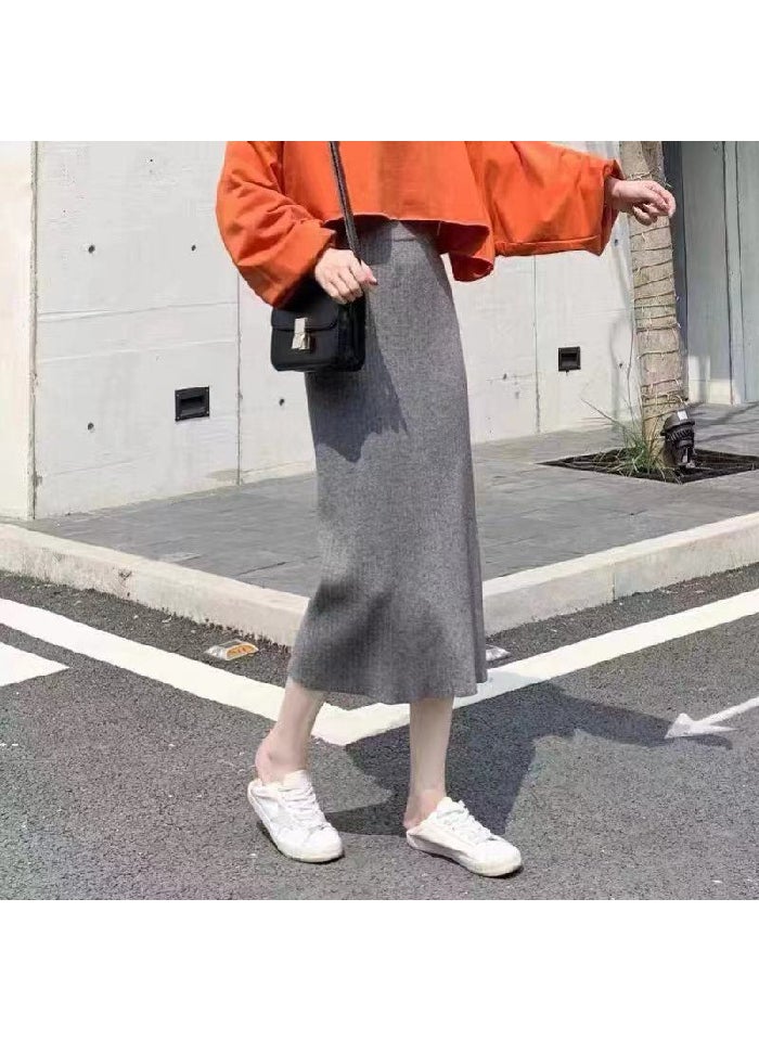 1 x 5 pcs Autumn Winter Midi Knit Pencil Skirt Grey