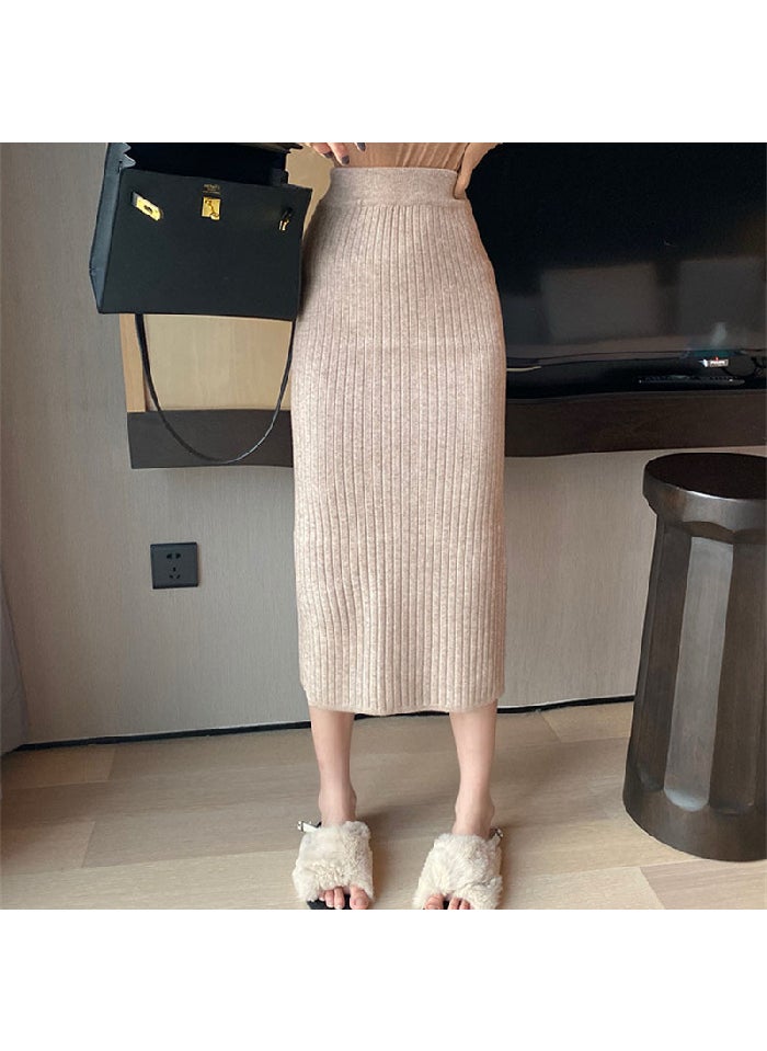 1 x 5 pcs Autumn Winter Midi Knit Pencil Skirt Khaki