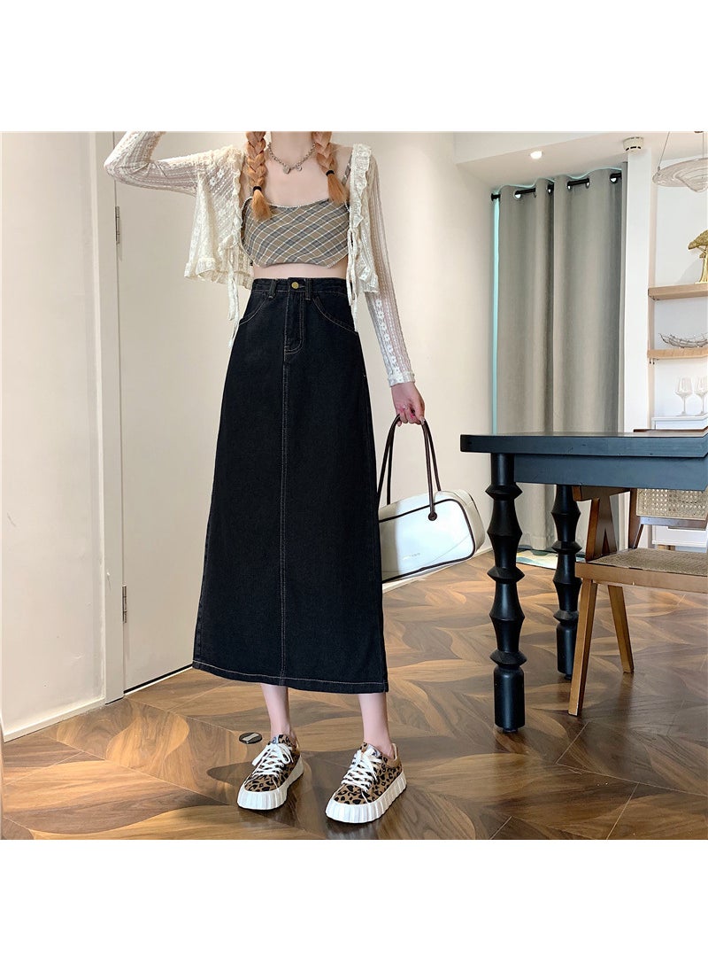 Vintage High-Waist Denim Skirt Slim A-Line for Women Black