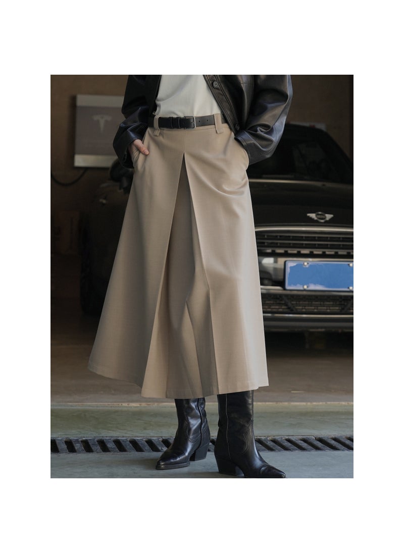 Korean Vintage High-Waist Pleated A-Line Skirt for Women Khaki